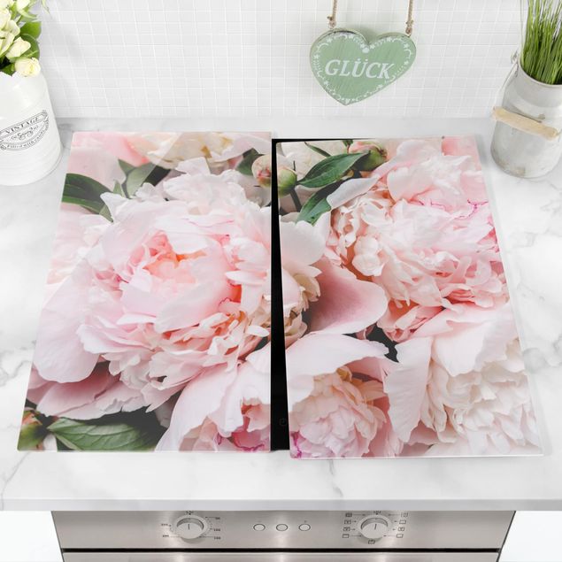 Glass stove top cover - Peonies Light Pink