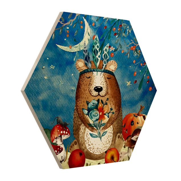 Hexagon Picture Wood - Watercolor Bear In Moonlight