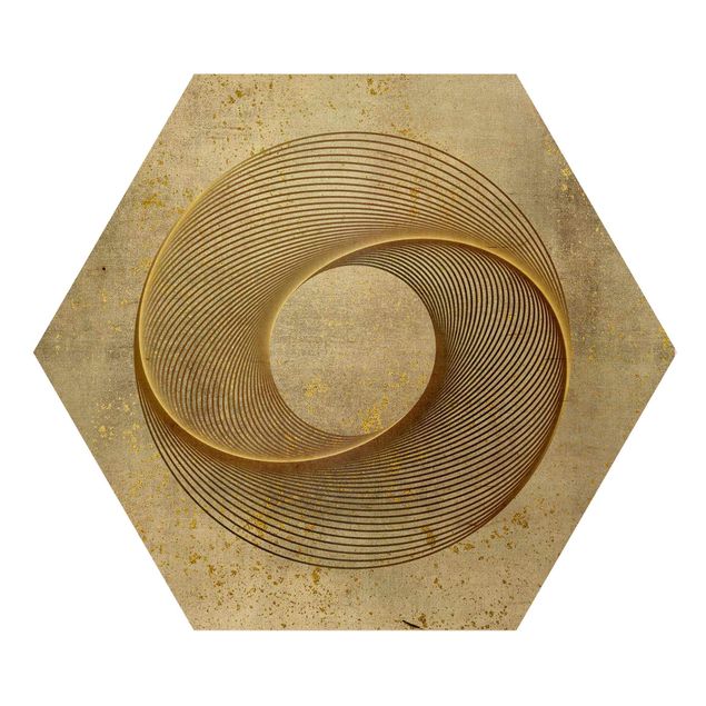 Hexagon Picture Wood - Line Art Circle Spiral Gold