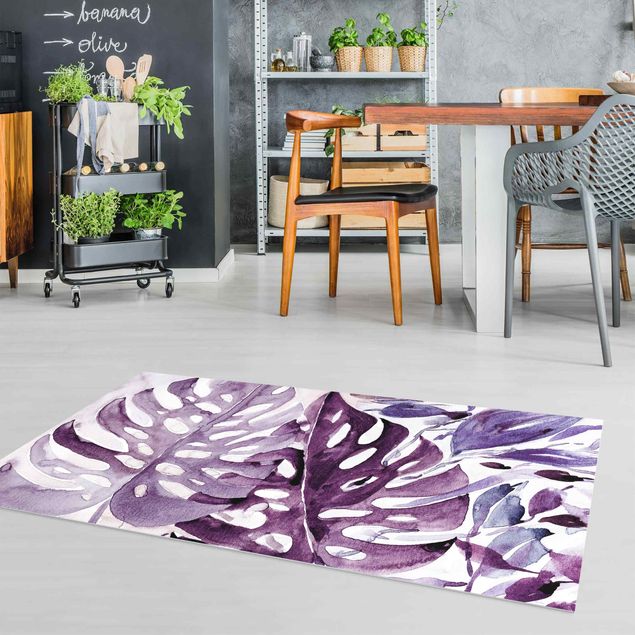 Outdoor rugs Watercolour Tropical Leaves With Monstera In Aubergine