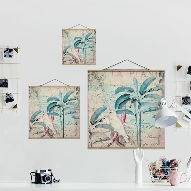 Fabric print with poster hangers - Colonial Style Collage - Cockatoos And Palm Trees