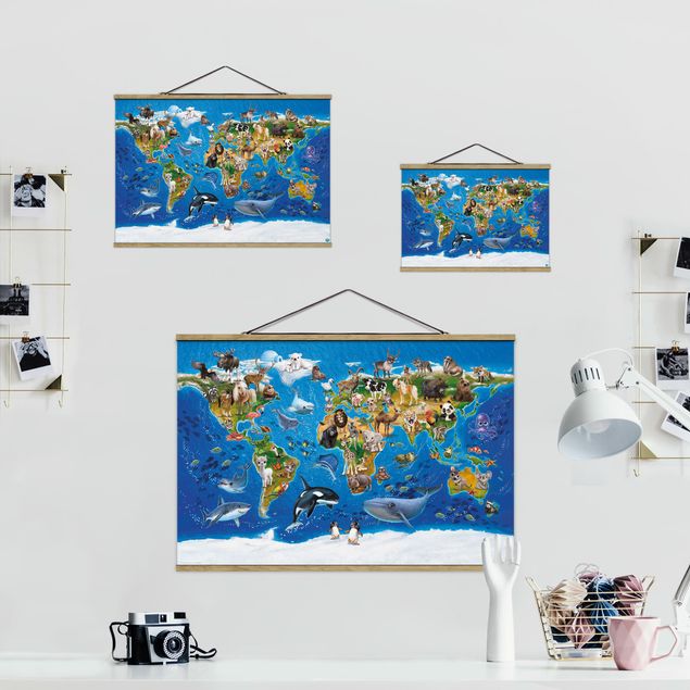Fabric print with poster hangers - Animal Club International - World Map With Animals