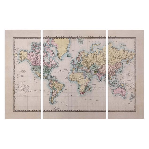 Print on canvas 3 parts - Vintage World Map Around 1850