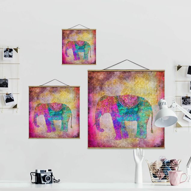 Fabric print with poster hangers - Colourful Collage - Indian Elephant