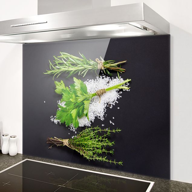 Glass splashback art print Herbs On Salt Black Backdrop