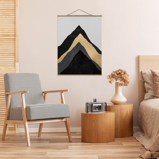 Fabric print with poster hangers - Golden Mountain Black White