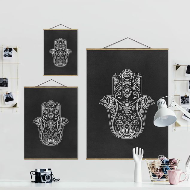 Fabric print with poster hangers - Mandala Hamsa Hand Lotus Set On Black