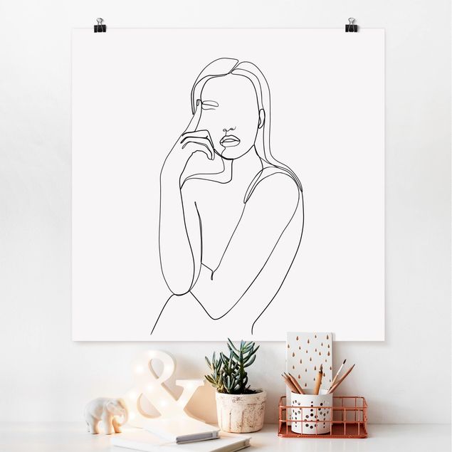 Poster - Line Art Pensive Woman Black And White