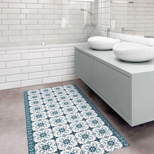 kitchen runner rugs Geometrical Tile Mix Flower Blue Grey