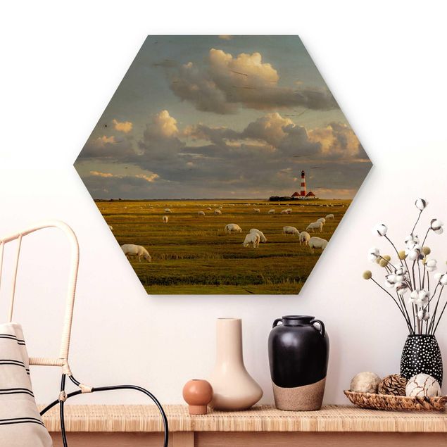 Wooden hexagon - North Sea Lighthouse With Flock Of Sheep