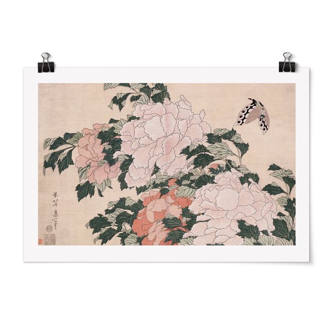 Poster - Katsushika Hokusai - Pink Peonies With Butterfly
