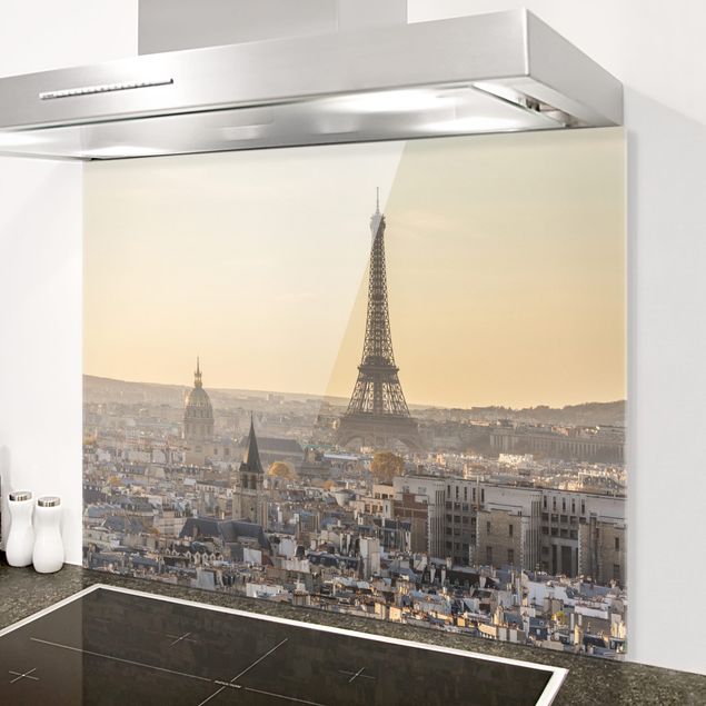 Glass splashback kitchen architecture and skylines Paris at Dawn