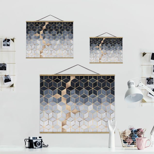 Fabric print with poster hangers - Blue White Golden Geometry