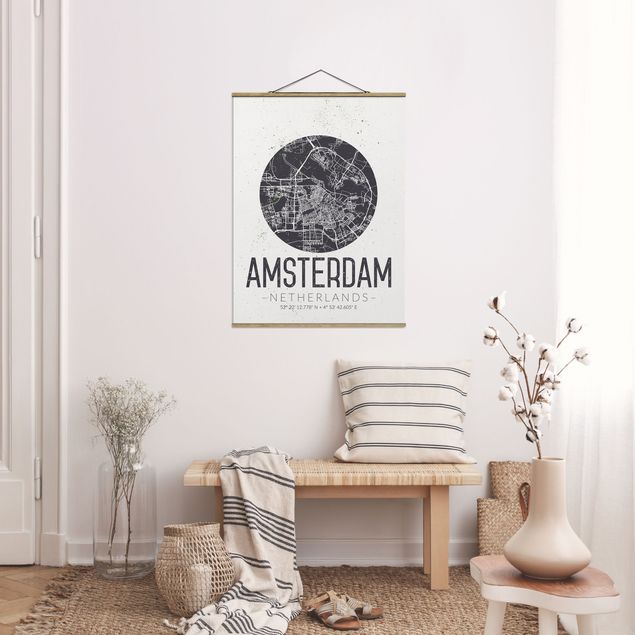 Fabric print with poster hangers - Amsterdam City Map - Retro