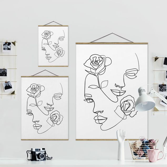 Fabric print with poster hangers - Line Art Faces Women Roses Black And White