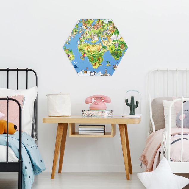 Alu-Dibond hexagon - Great and Funny Worldmap