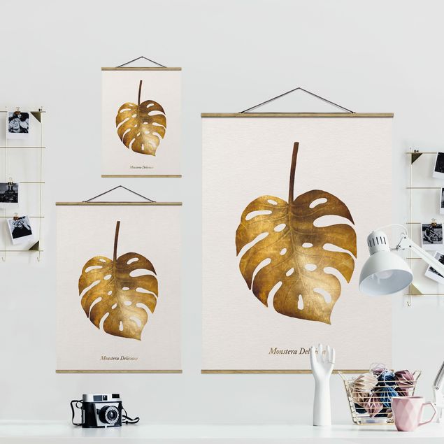 Fabric print with poster hangers - Gold - Monstera
