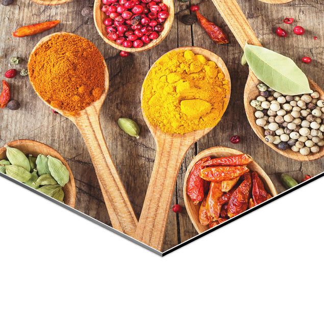 Alu-Dibond hexagon - Spices On Wooden Spoon
