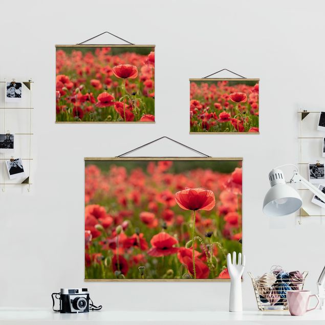 Fabric print with poster hangers - Poppy Field In Sunlight
