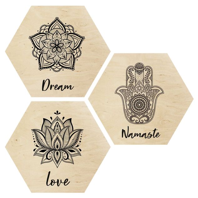 Wooden hexagon - Mandala Namaste Lotus Set Black White