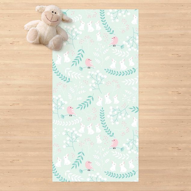 outdoor balcony rug White Rabbits And Light Pink Birds In Thicket