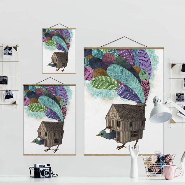 Fabric print with poster hangers - Illustration Birdhouse With Feathers