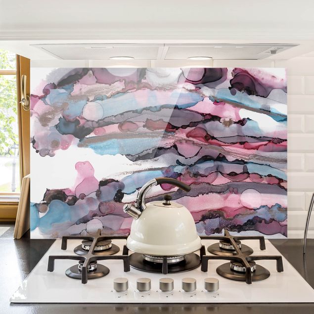 Patterned glass splashbacks Surfing Waves In Purple With Pink Gold