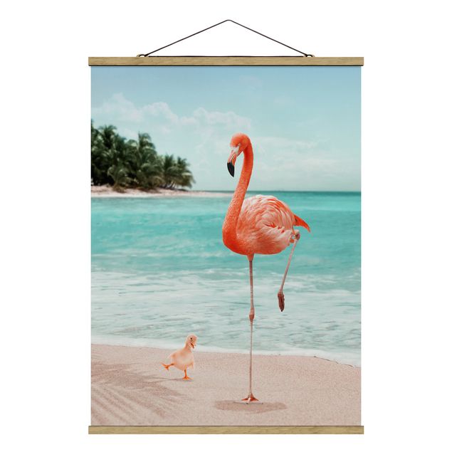 Fabric print with poster hangers - Beach With Flamingo