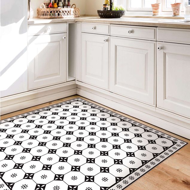 tile effect rug Geometrical Tiles Cottage Black And White With Border