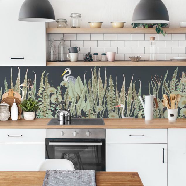 Kitchen wall cladding - Flamingo And Stork With Plants On Green