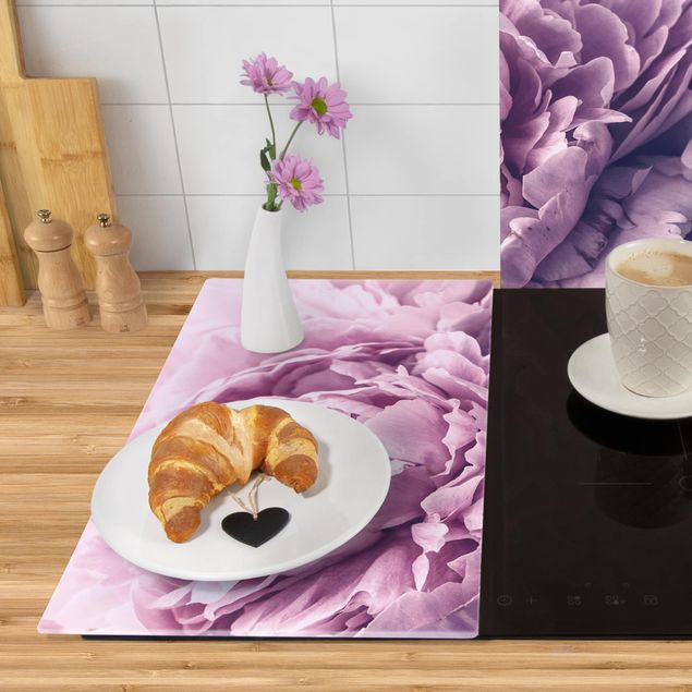 Glass stove top cover - Purple Peony Blossoms