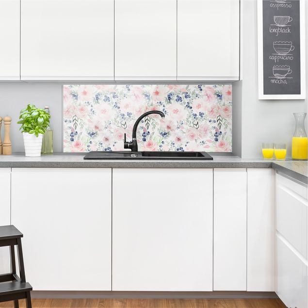Glass splashback flower Pink Roses With Blueberries In Front Of White
