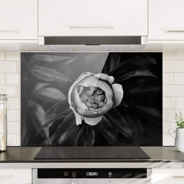 Glass splashback kitchen flower Peonies In Front Of Leaves Black And White