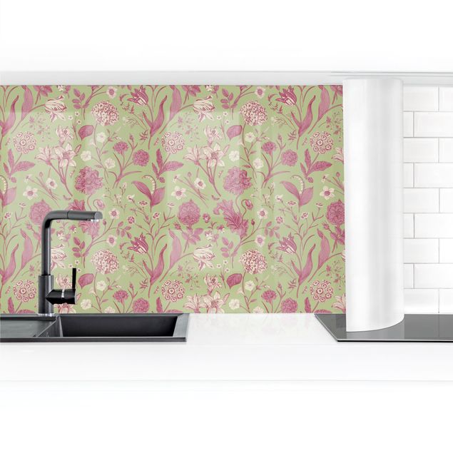 Kitchen wall cladding - Flower Dance In Mint Green And Pastel Pink  II