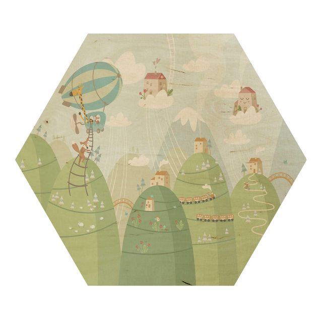 Wooden hexagon - Forest With Houses And Animals