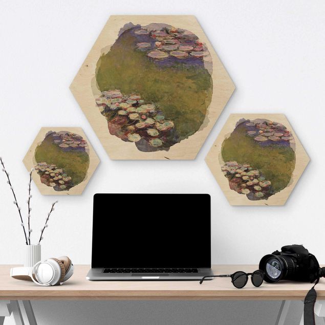 Wooden hexagon - WaterColours - Claude Monet - Water Lilies