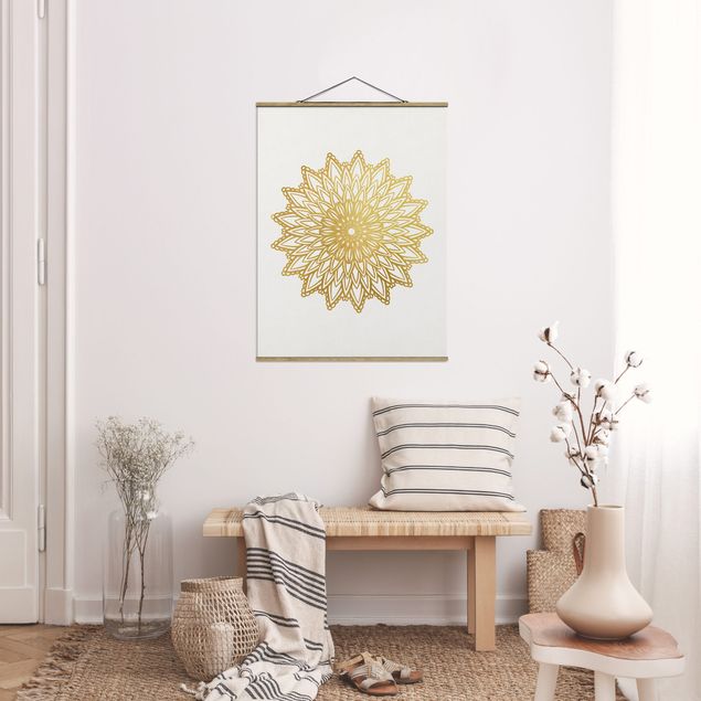 Fabric print with poster hangers - Mandala Sun Illustration White Gold