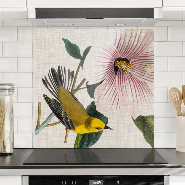 Glass splashback kitchen flower Bird On Linen Yellow I
