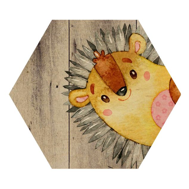Hexagon Picture Wood - Watercolor Hedgehog On Wood
