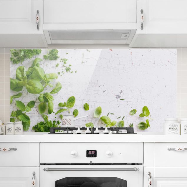 Glass splashback spices and herbs Herbs On Wood Shabby