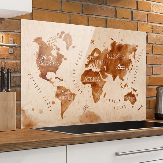 Glass splashback kitchen World Map Watercolour Beige Brown