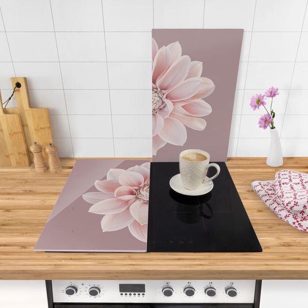 Glass stove top cover - Dahlia Flower Lavender White Pink