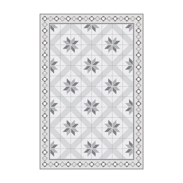 floral area rugs Geometrical Tiles Rhombal Flower Grey With Border
