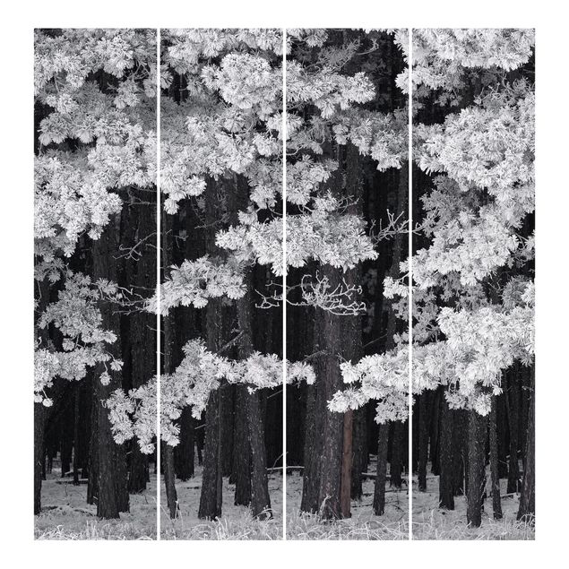 Sliding panel curtains set - Forest With Hoarfrost In Austria