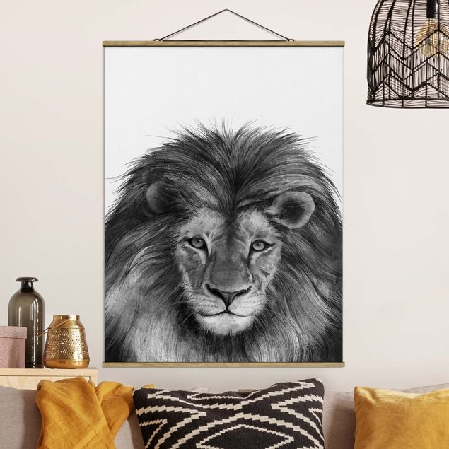Fabric print with poster hangers - Illustration Lion Monochrome Painting