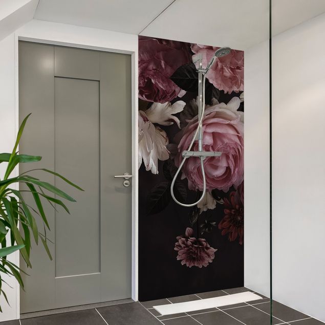 Shower wall cladding - Pink Flowers On Black Vintage