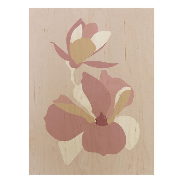 Print on wood - Line Art Flowers Pastel Pink