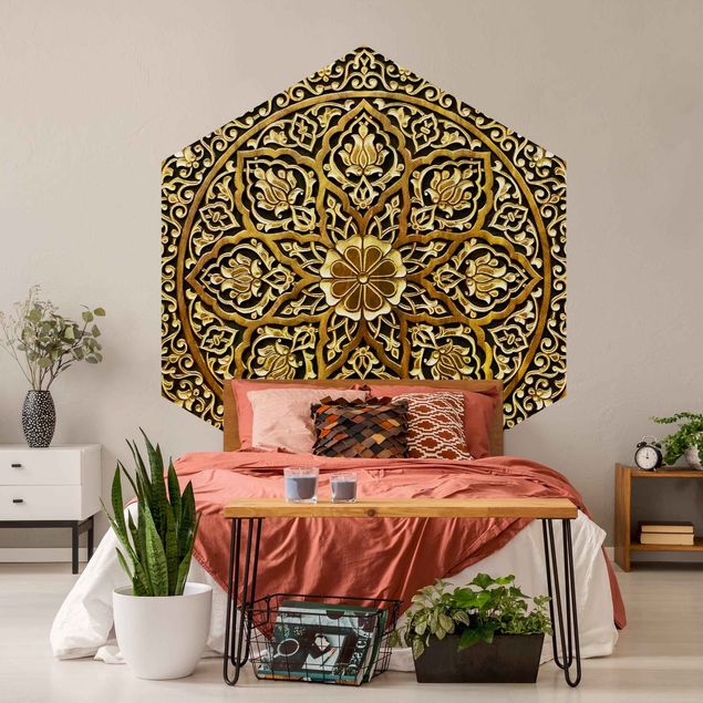 Self-adhesive hexagonal wall mural - Noble Mandala In Wood Look