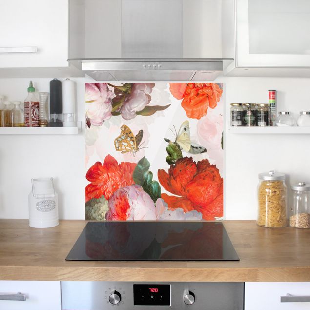 Glass splashback art print Red Flowers With Butterflies