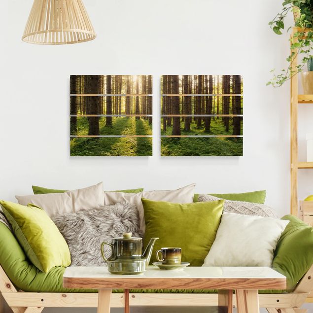 Print on wood - Sun Rays In Green Forest